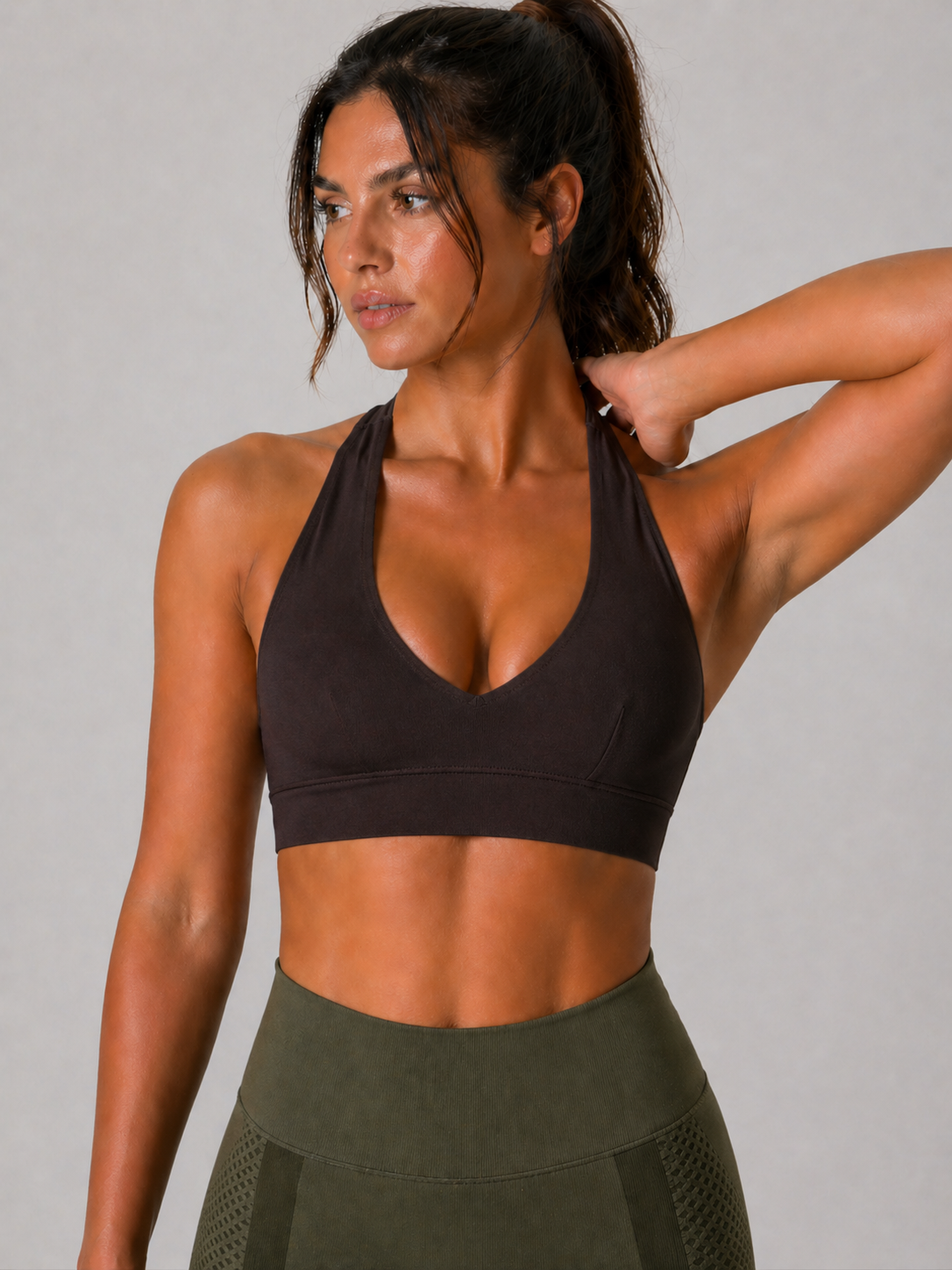halter sports bra coffee close fit front