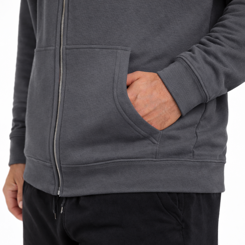 mens zip hoodie dark grey pocket detail