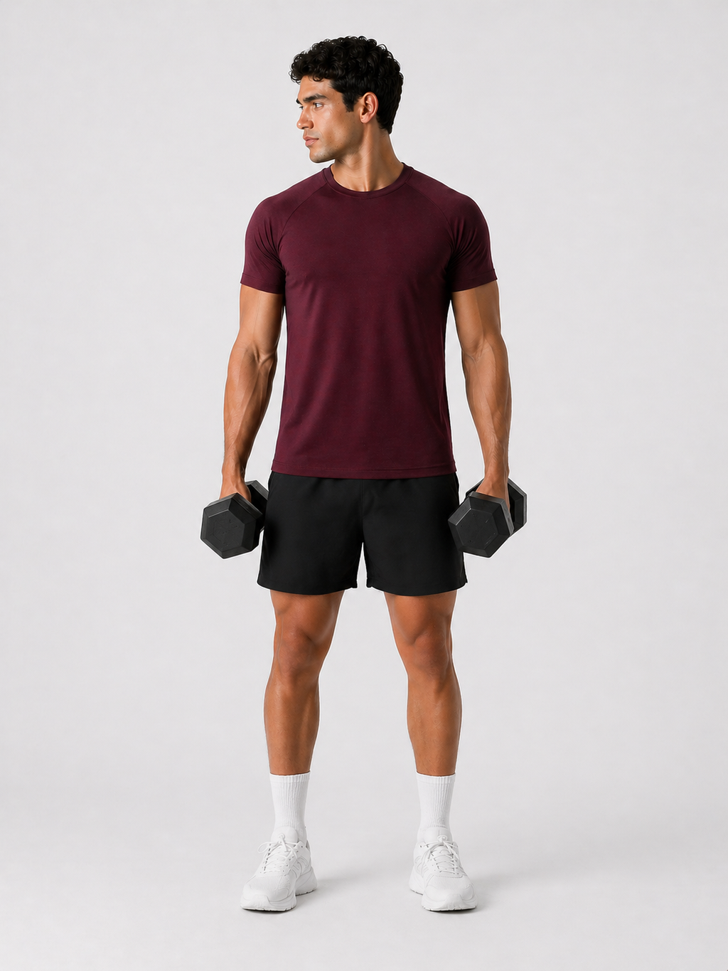 mens workout t shirt burgundy full outfit