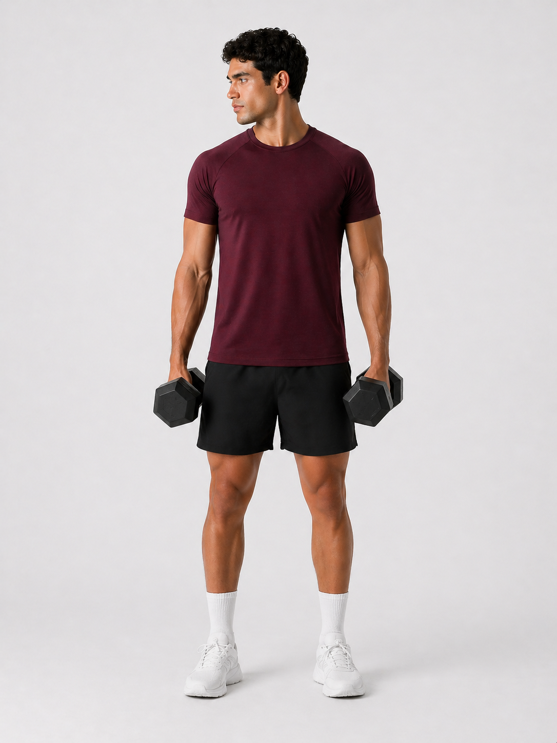 mens workout t shirt burgundy full outfit
