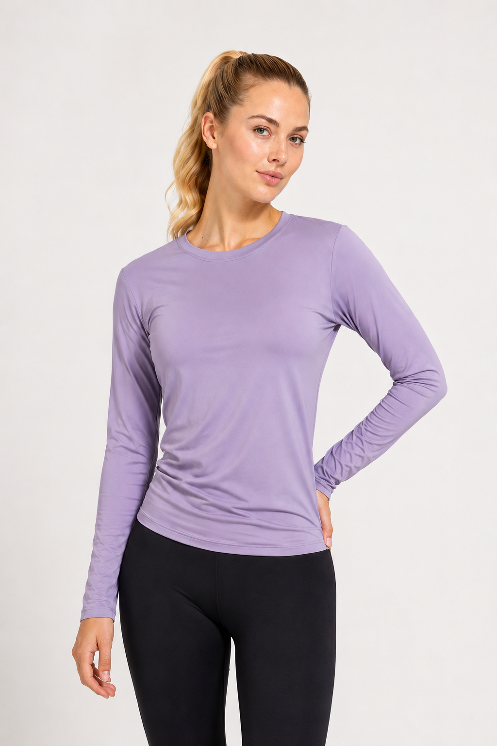 women’s long sleeve active top light purple front view