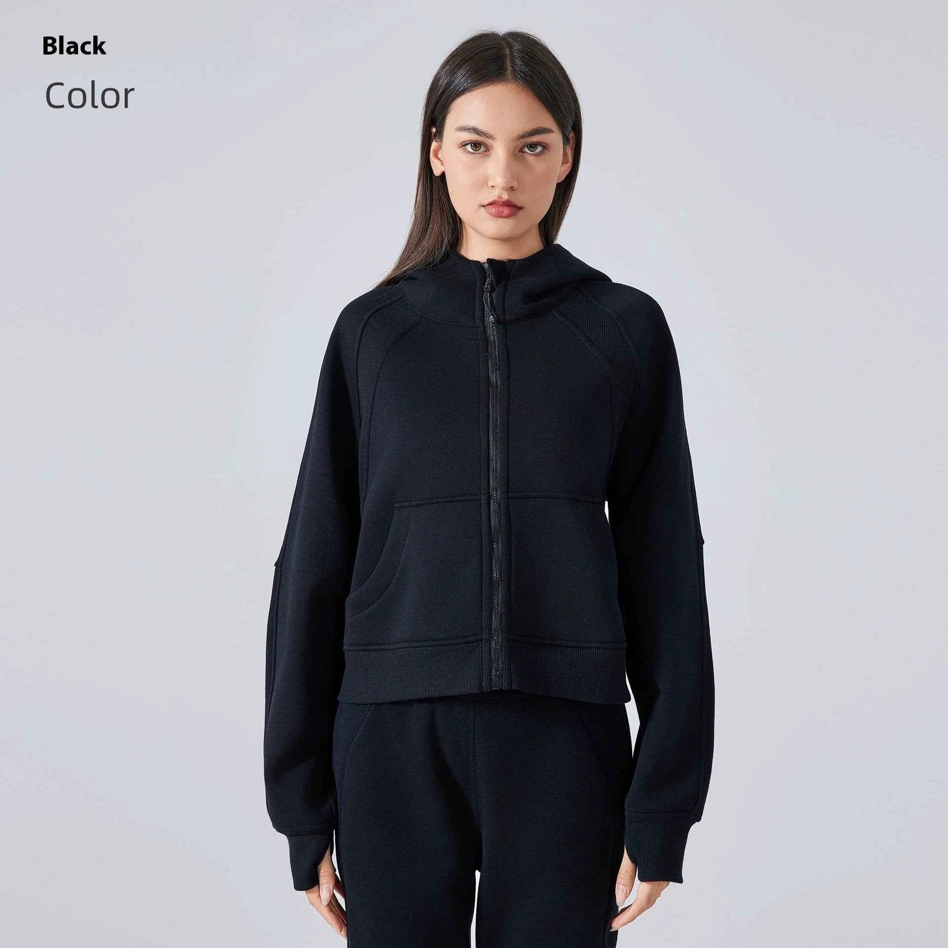 women thermal zip hoodie black relaxed fit