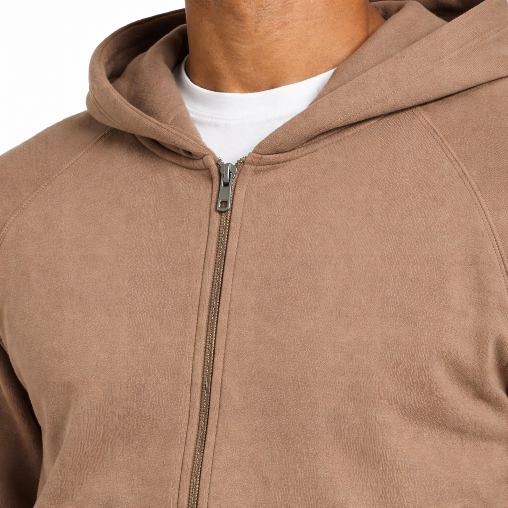 mens zip hoodie brown zipper detail close up