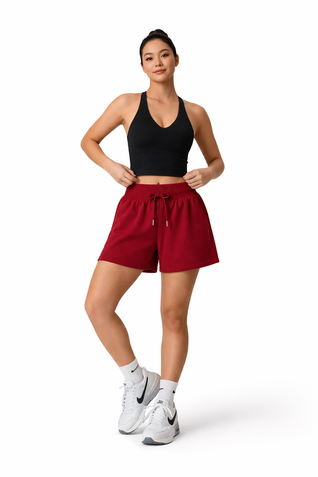 high waist sweat shorts women gym outfit cherry red