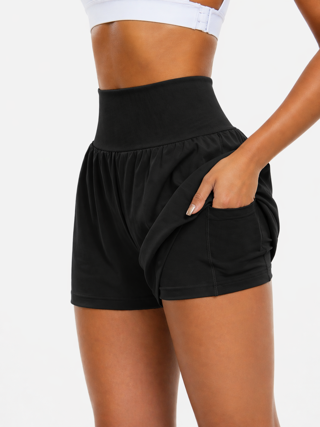 2-in-1 gym shorts women pocket black pocket detail