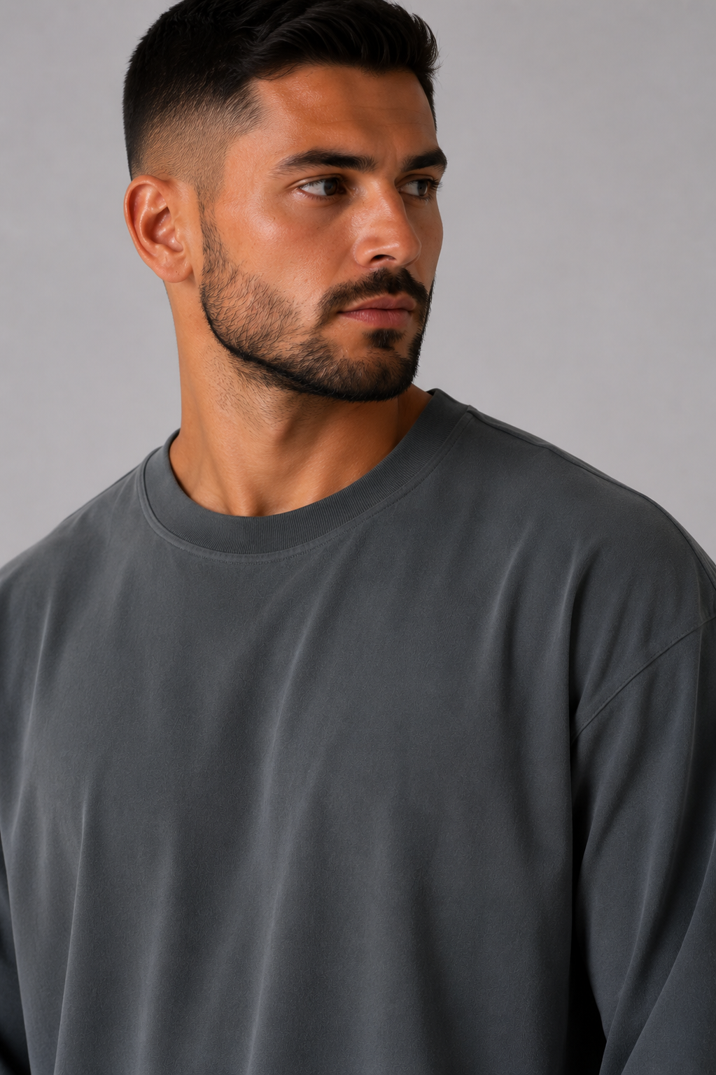 men’s everyday long sleeve dark grey close up portrait
