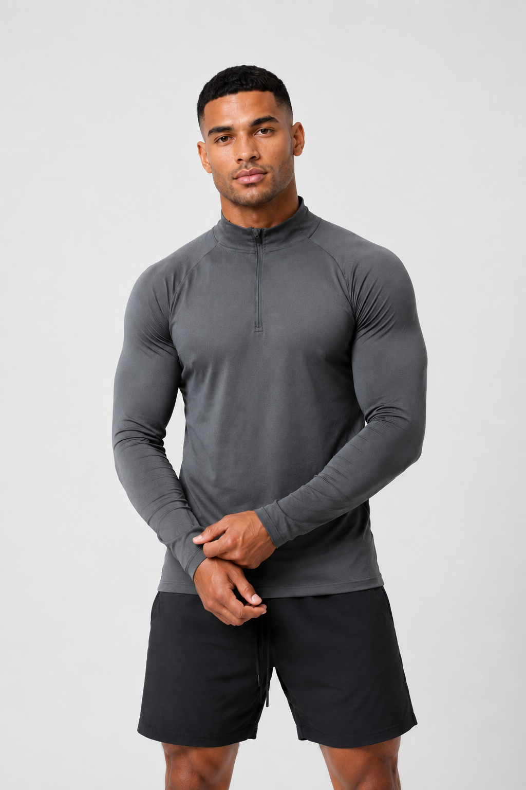 men’s long sleeve quarter zip grey front view