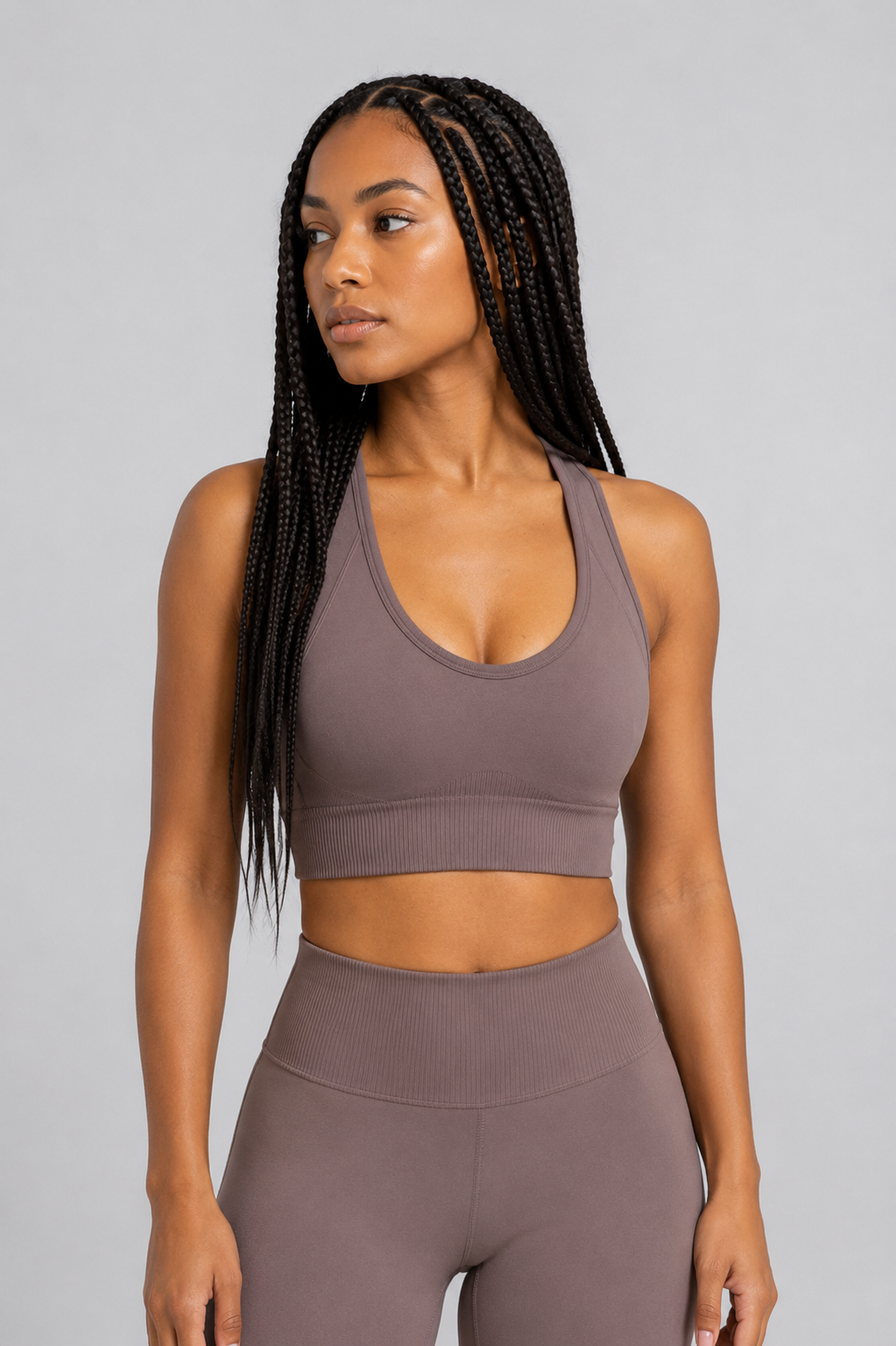 seamless racerback sports bra brown front view