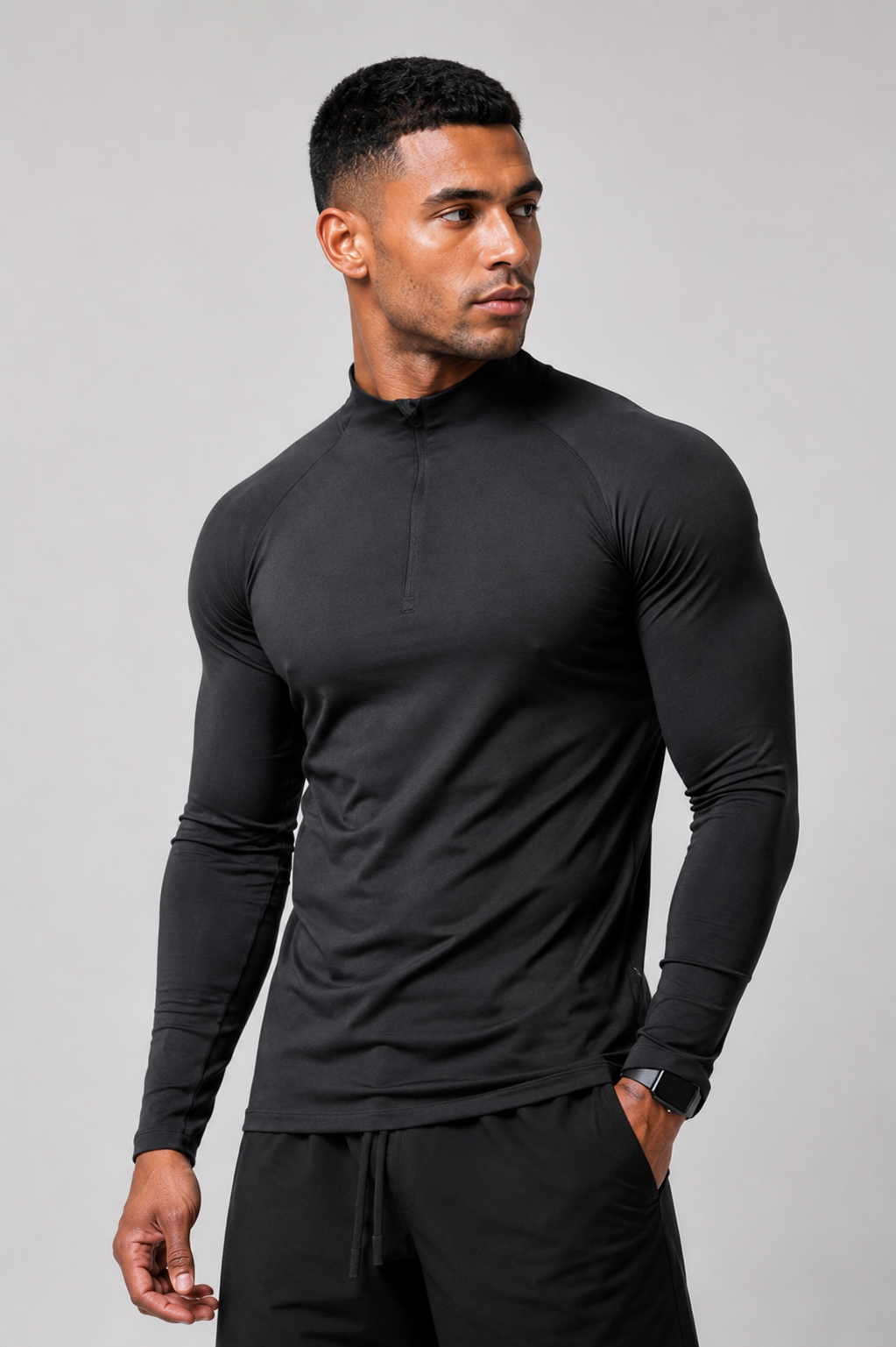 men’s long sleeve quarter zip black front view