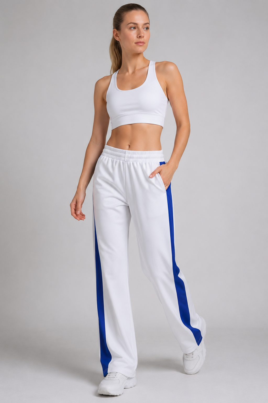 wide leg sweatpants women white stripe full body view