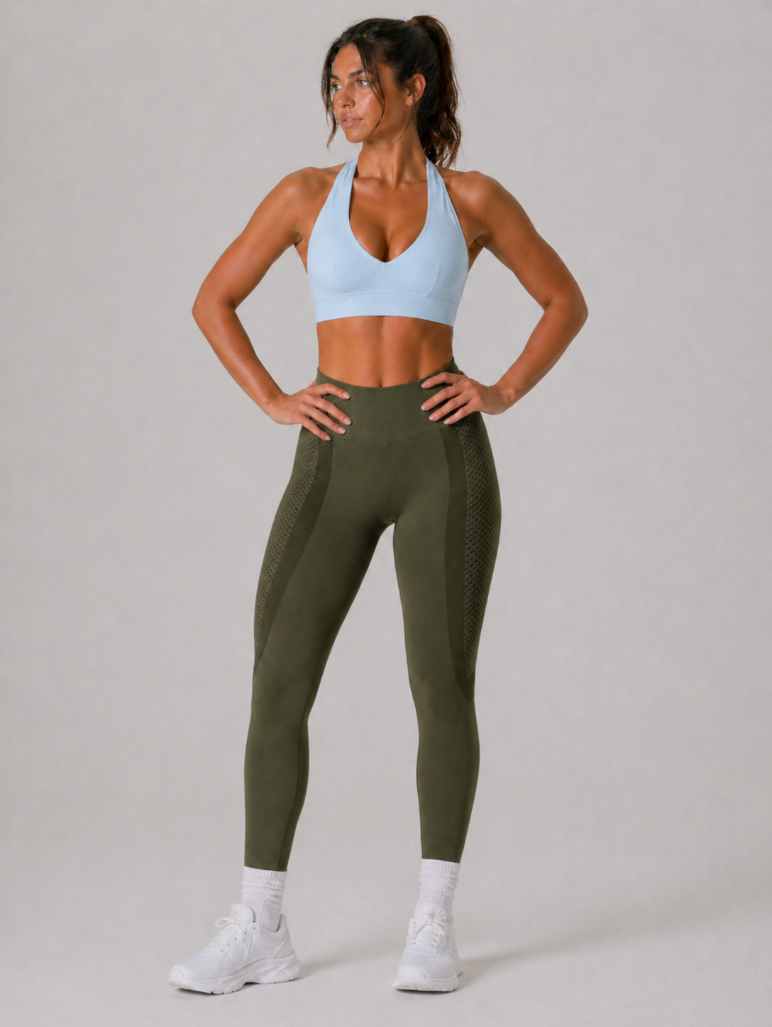 halter sports bra light blue full outfit gym wear