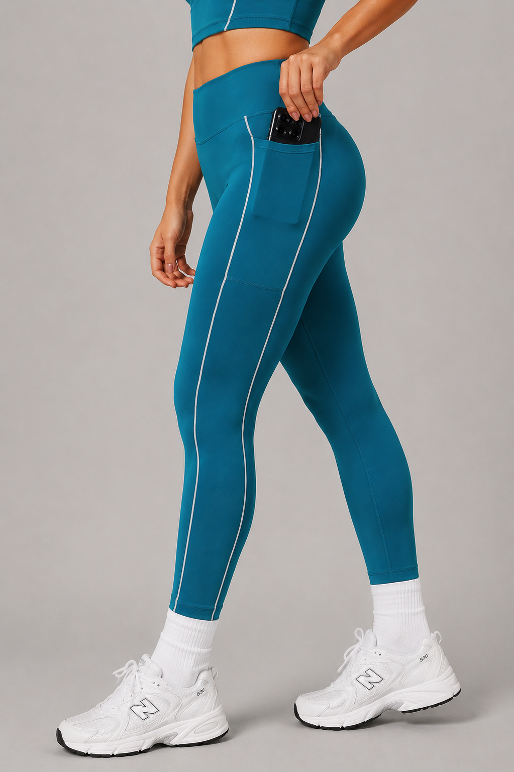 high waist pocket leggings sea blue side pose