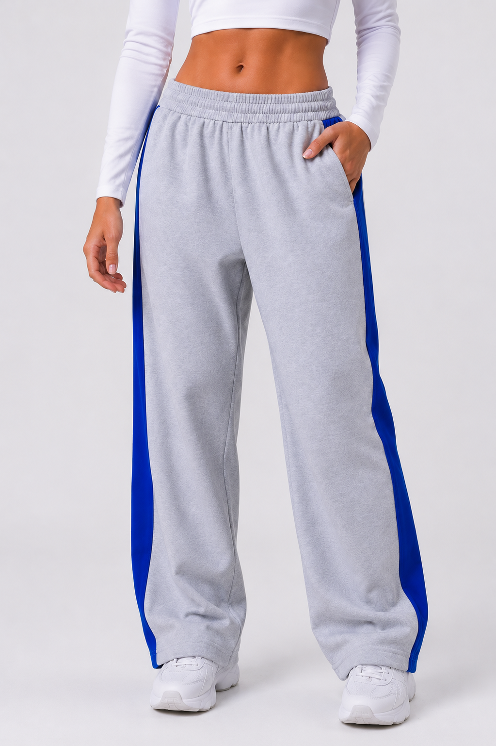 wide leg sweatpants women grey stripe front view