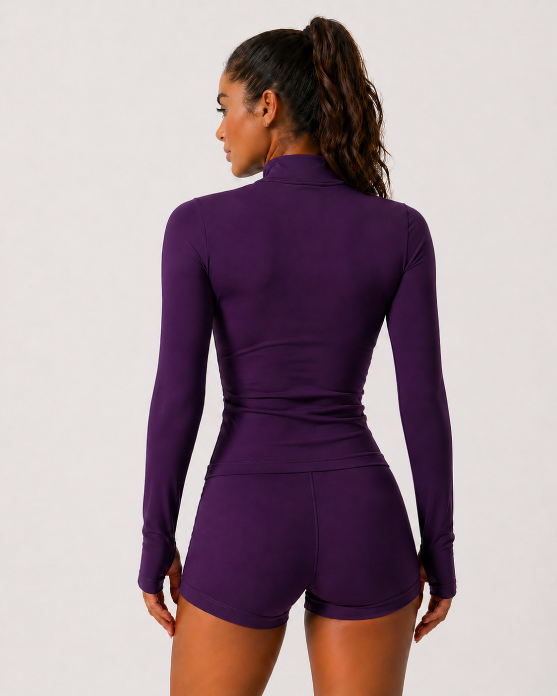 seamless zip long sleeve top women purple back view