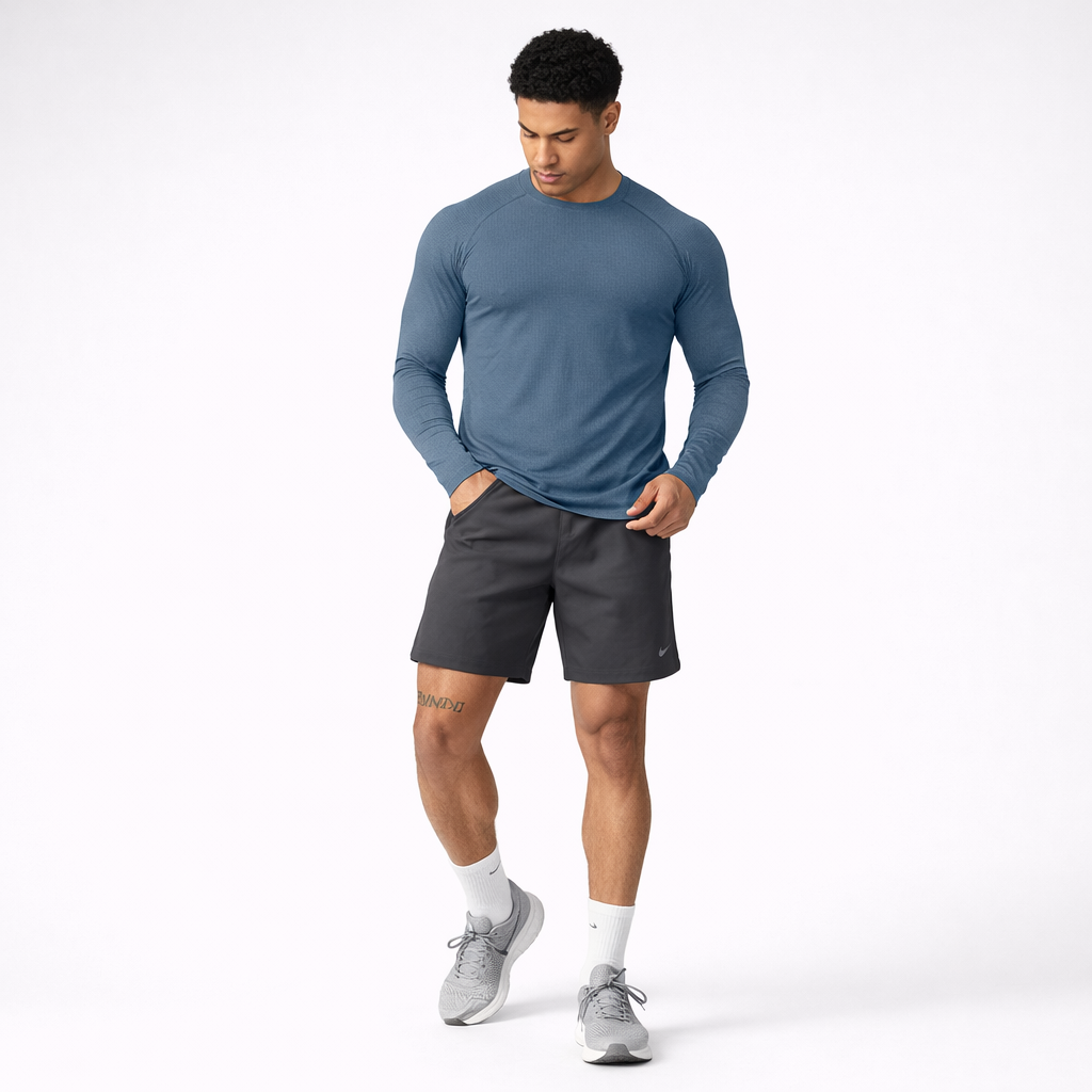 mens long sleeve training shirt blue gray front view