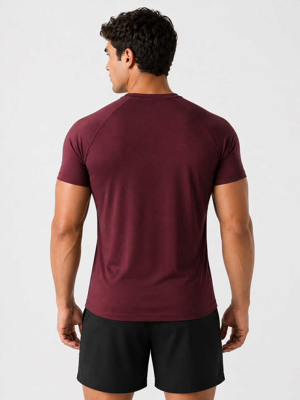 mens workout t shirt burgundy back view