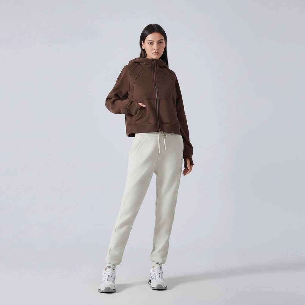 women thermal zip hoodie brown full outfit