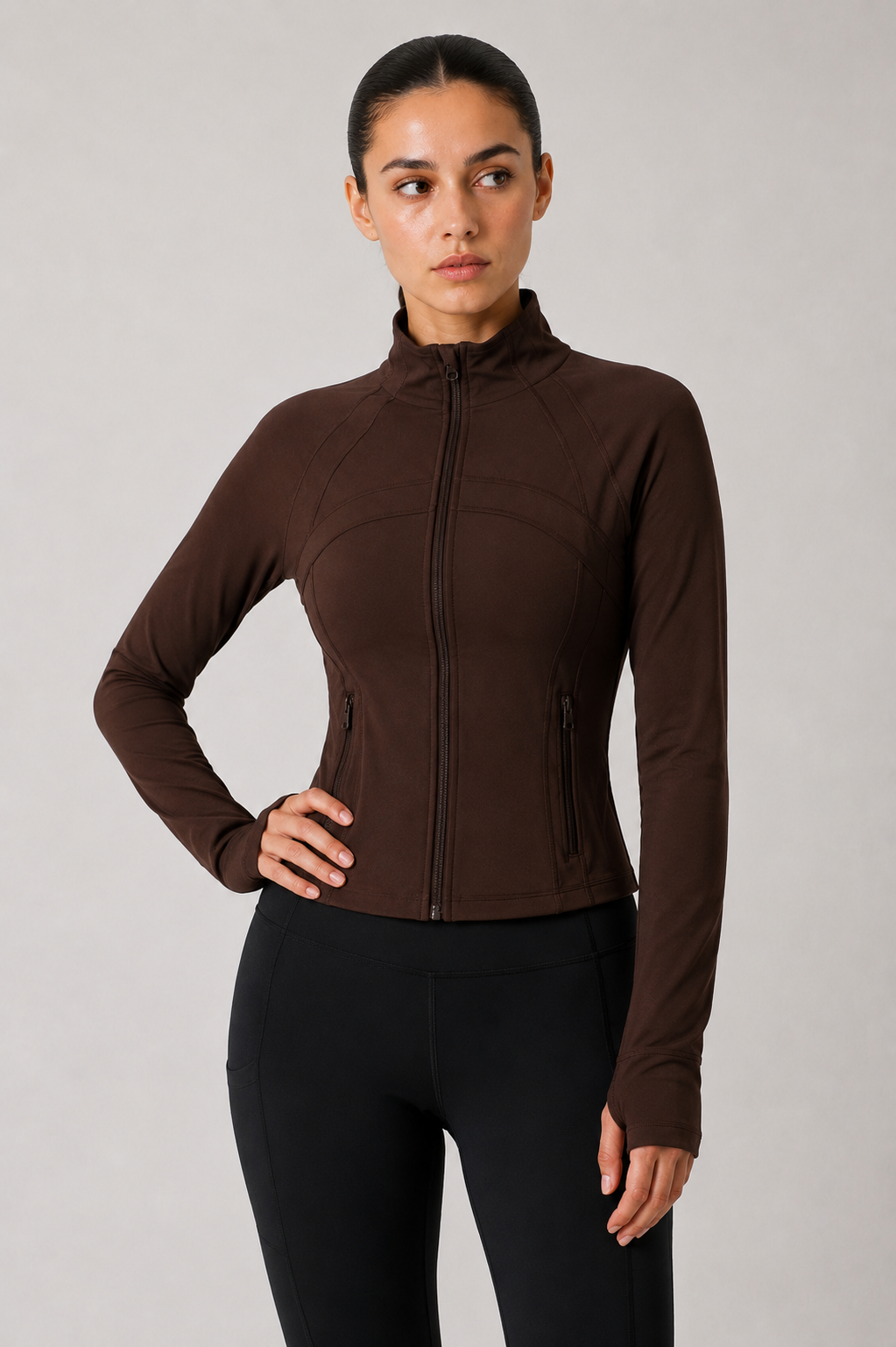 women yoga zip jacket brown front view standing