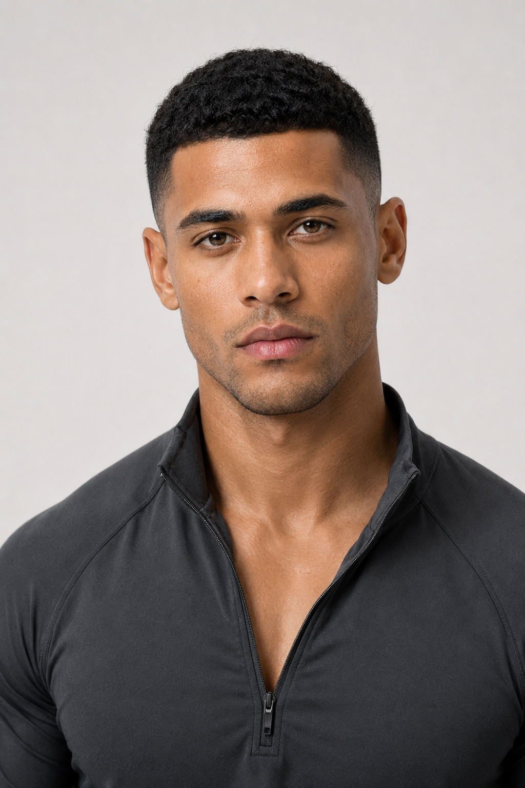 men’s long sleeve quarter zip black portrait close up