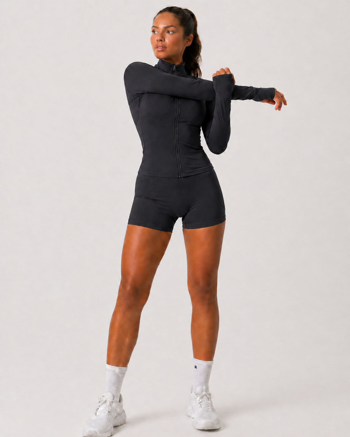 seamless zip long sleeve top women dark grey full body