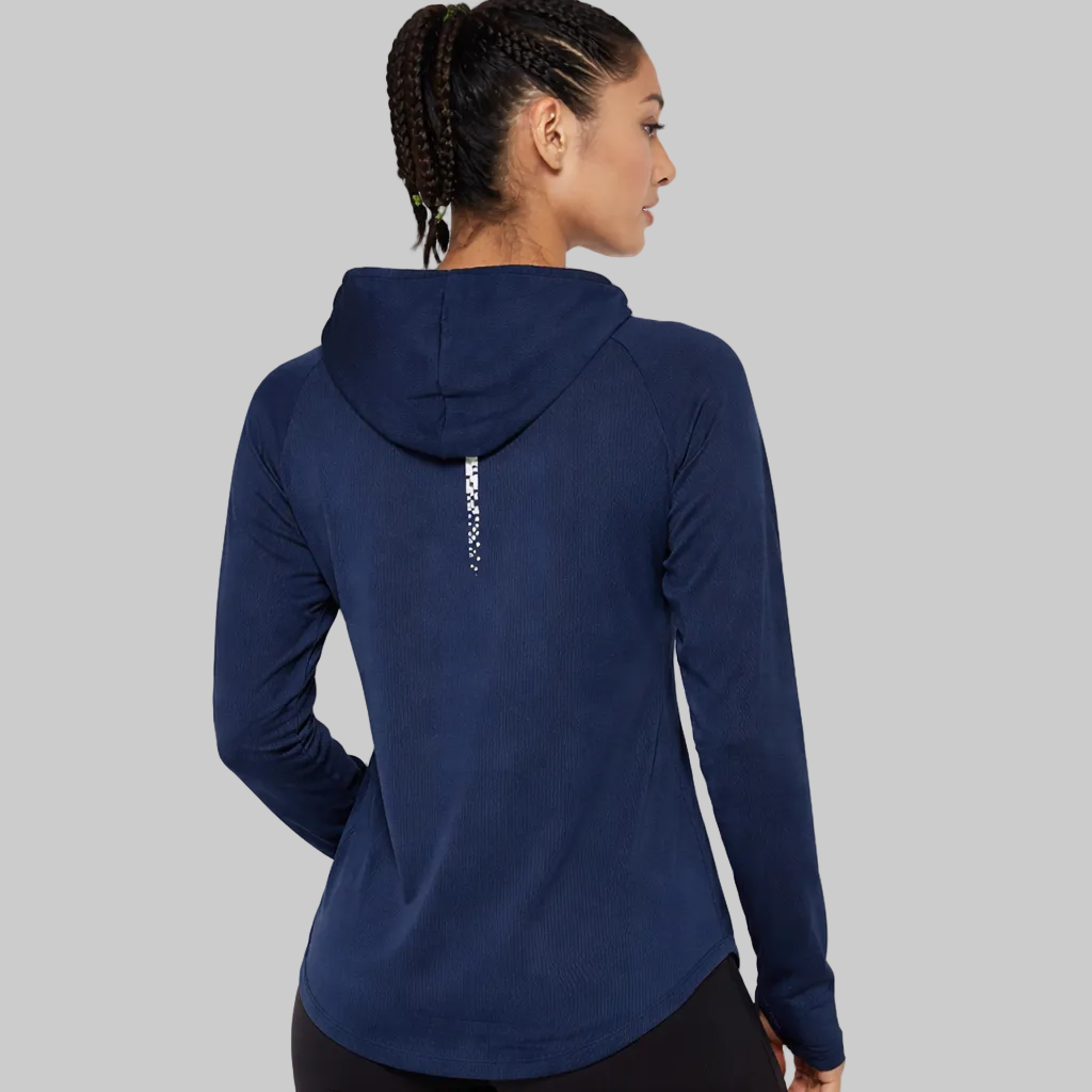 women's quick-dry training hoodie navy blue back view