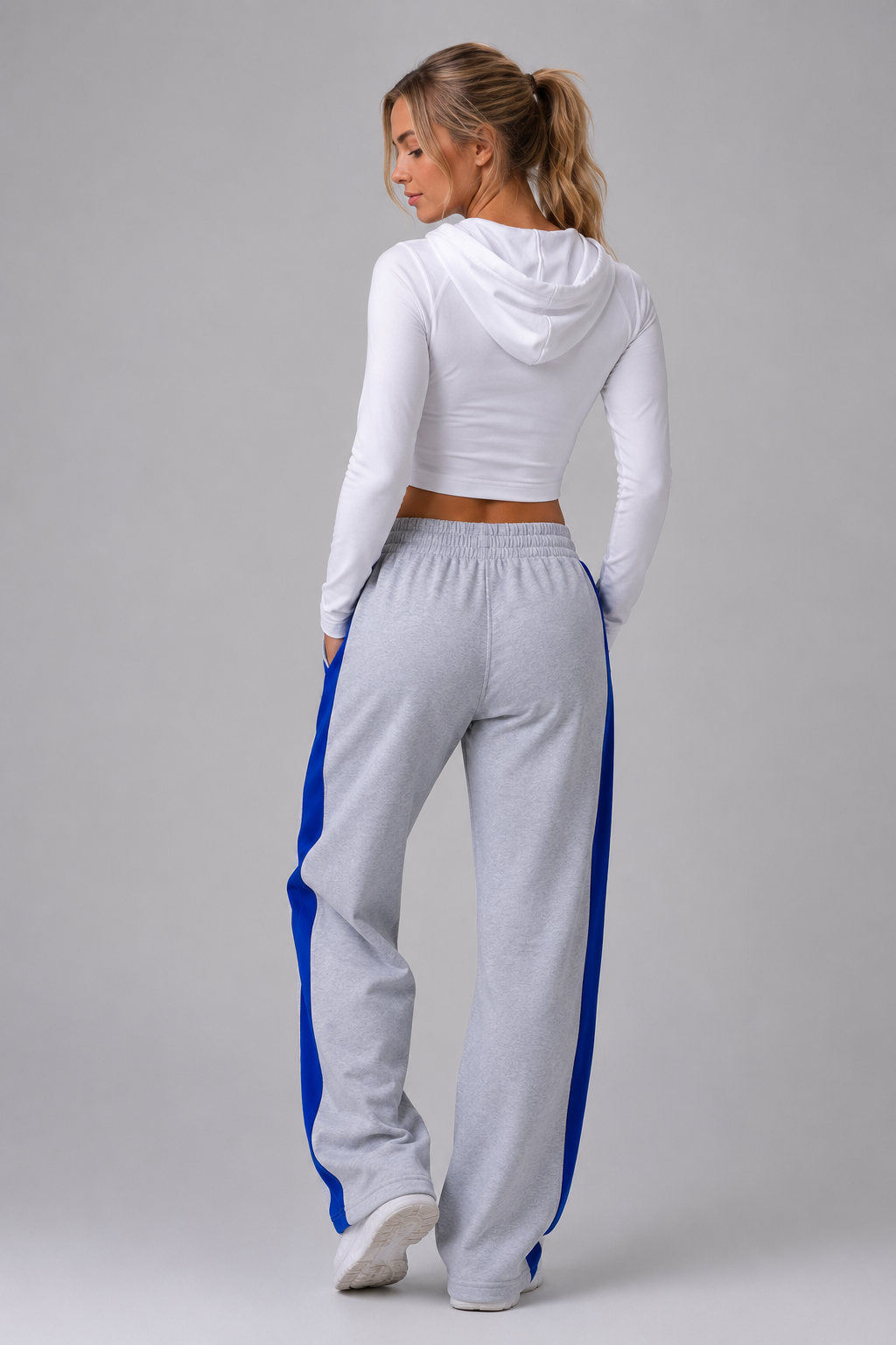 wide leg sweatpants women grey stripe rear view
