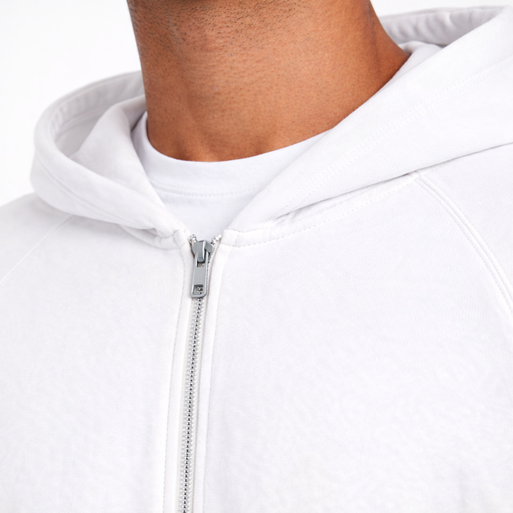 mens zip hoodie white zipper detail close up