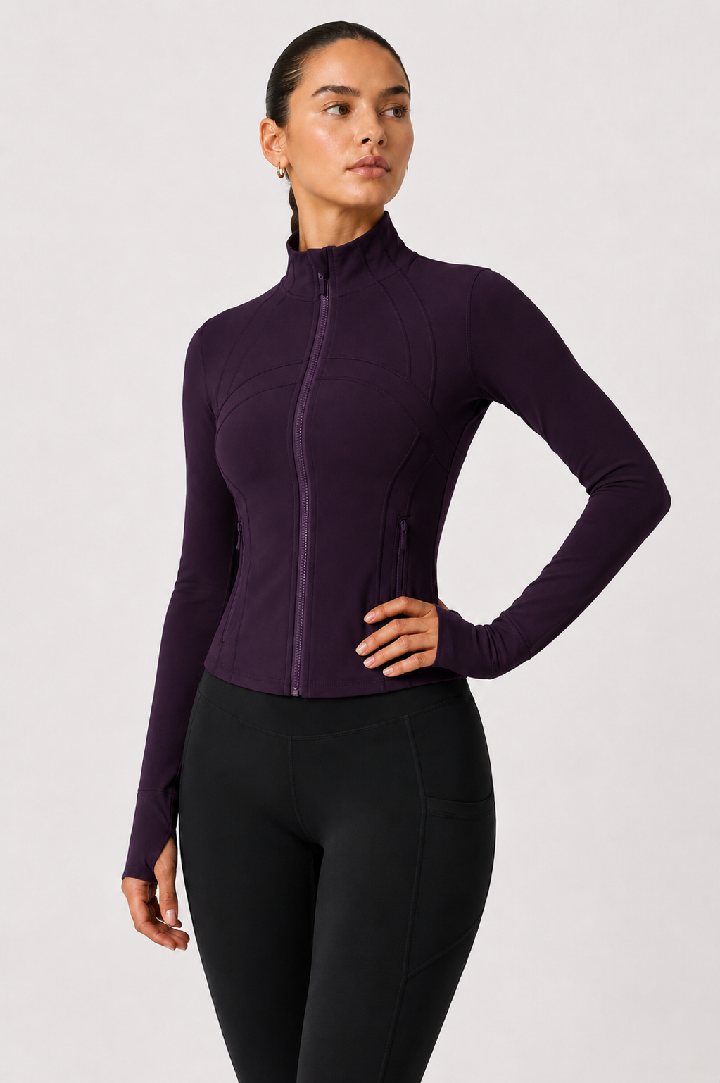 women yoga zip jacket dark purple front view standing