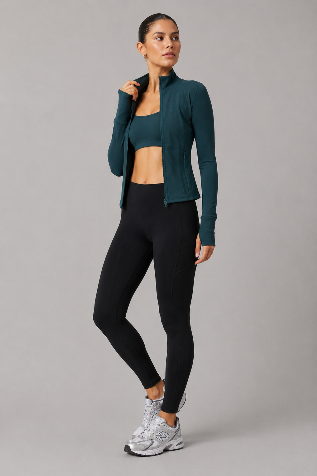 women yoga zip jacket teal full body activewear outfit