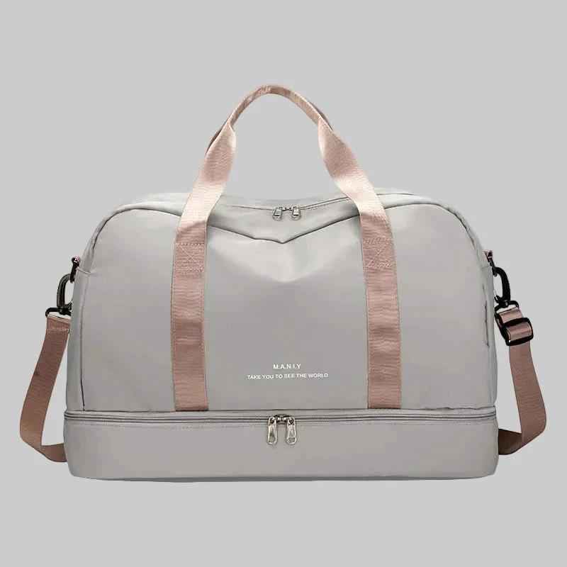 travel duffel bag beige front view