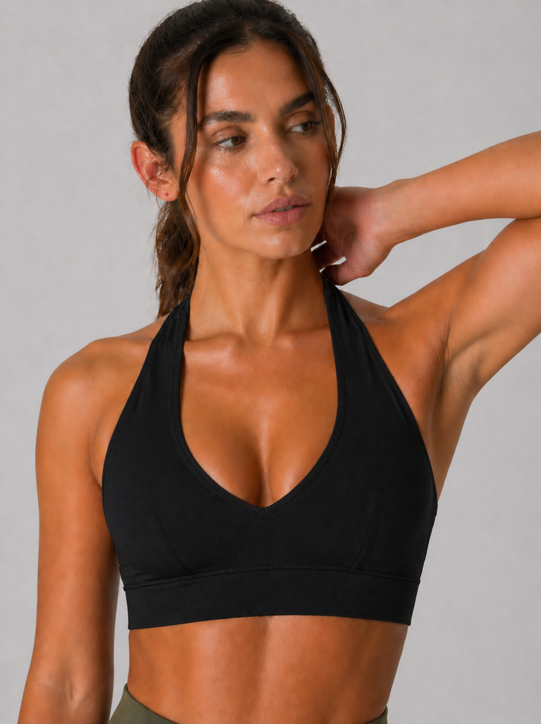halter sports bra black front view