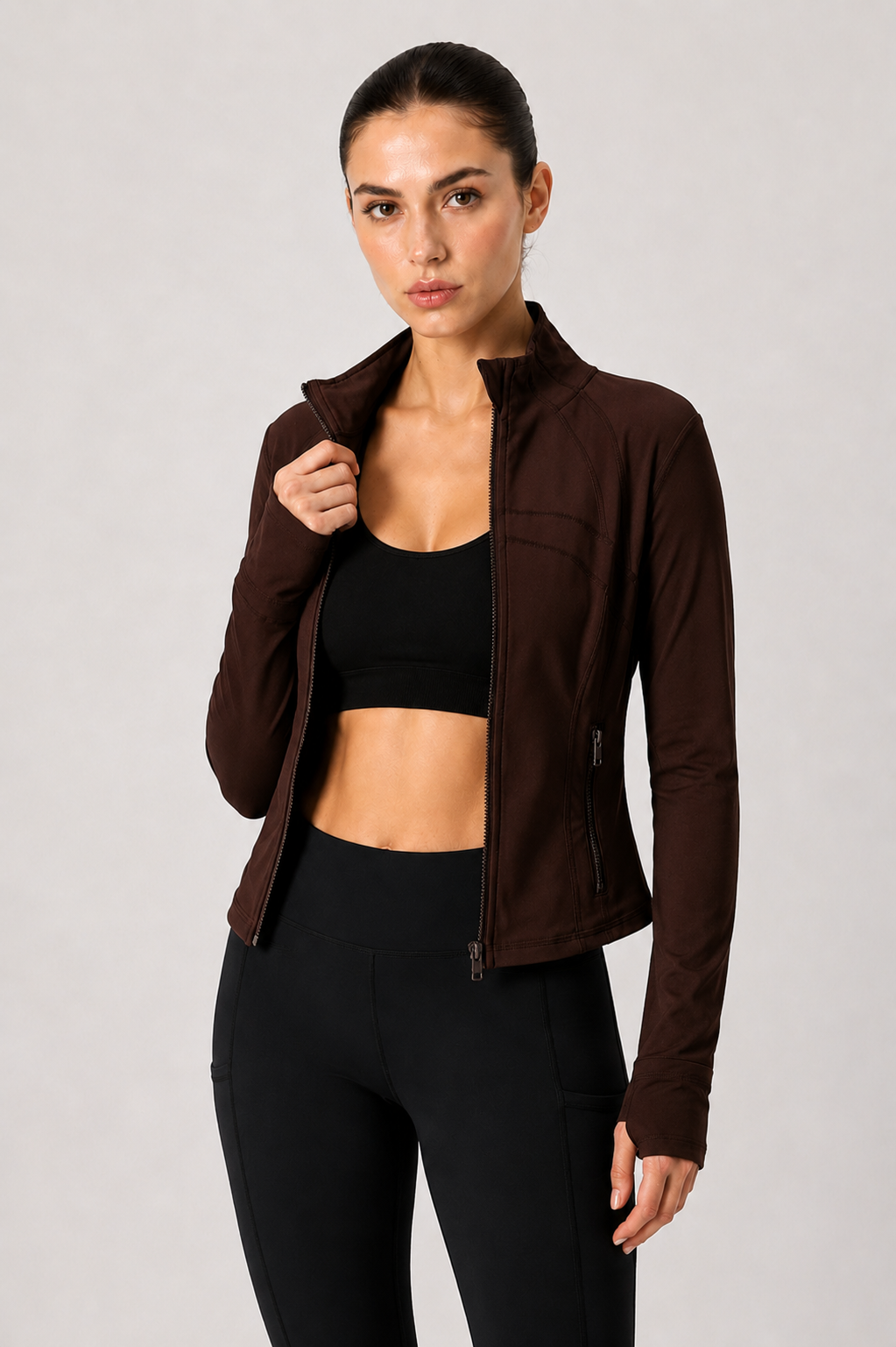 women yoga zip jacket brown open zip activewear outfit