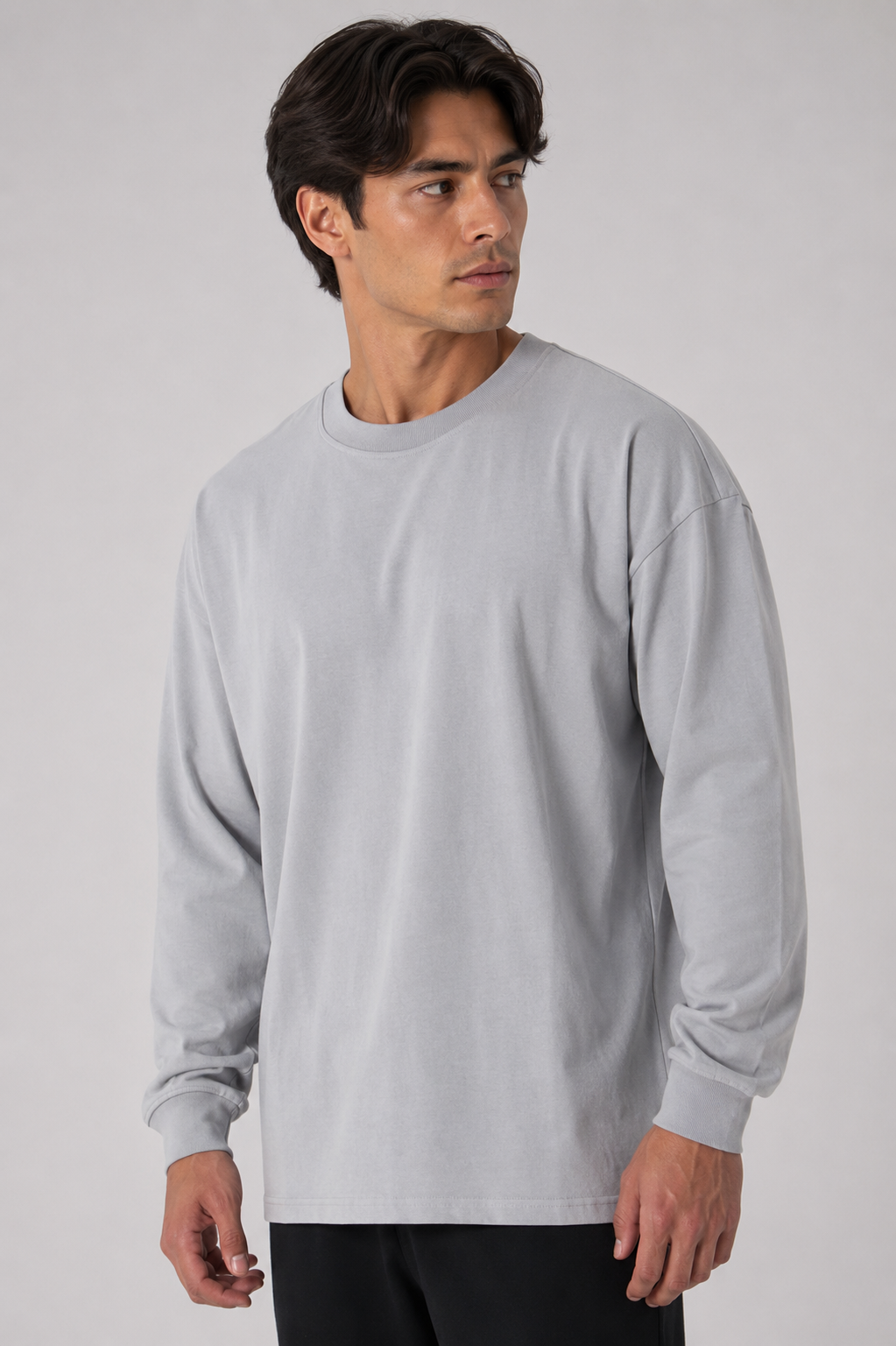 men’s everyday long sleeve light grey close up portrait