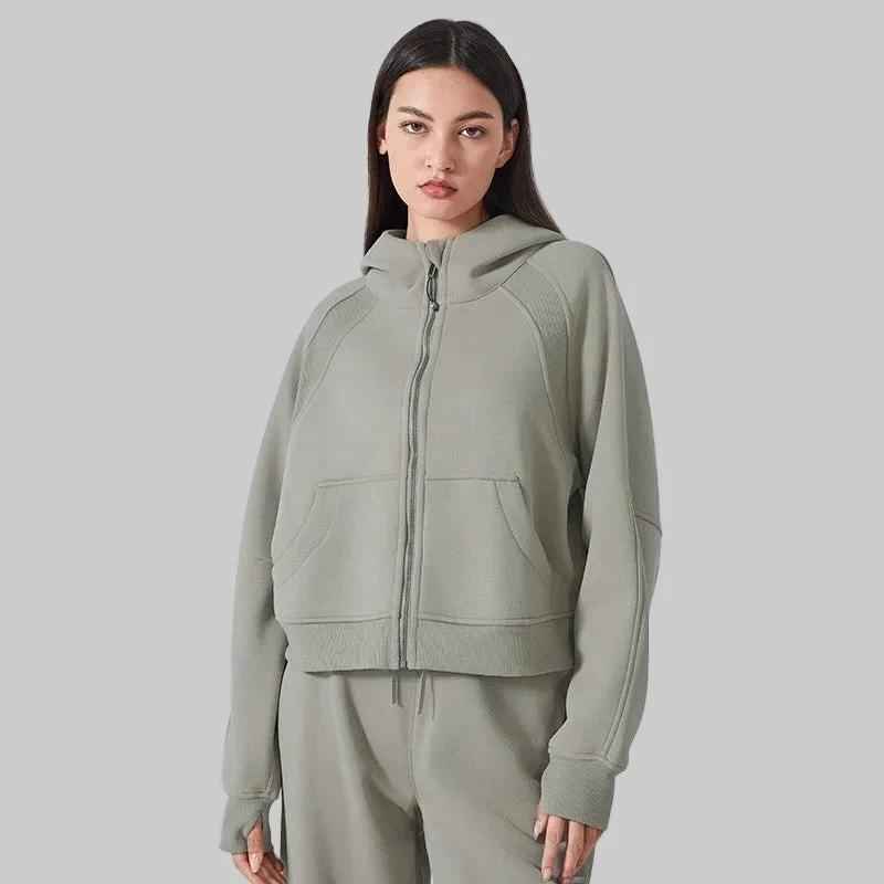 women thermal zip hoodie green front view
