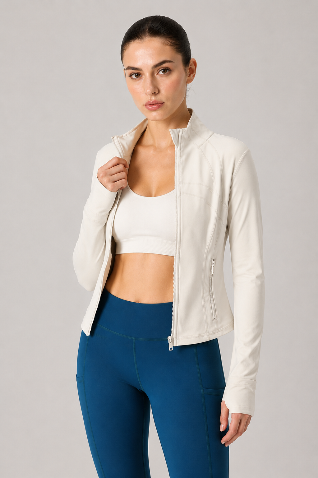 women yoga zip jacket cream open zip outfit front