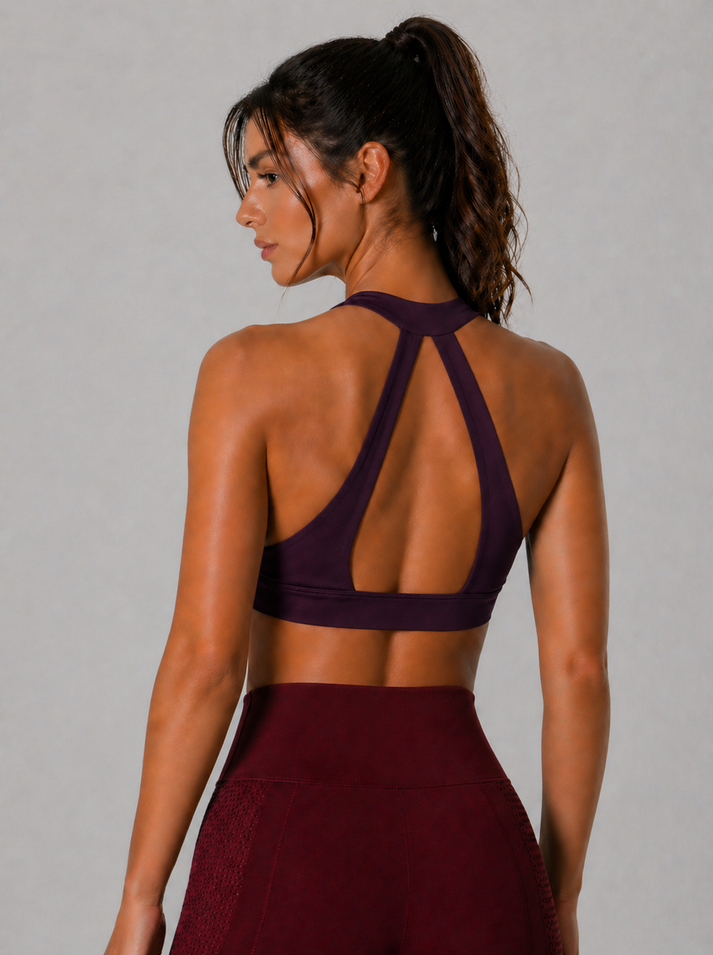 halter sports bra deep purple back keyhole design