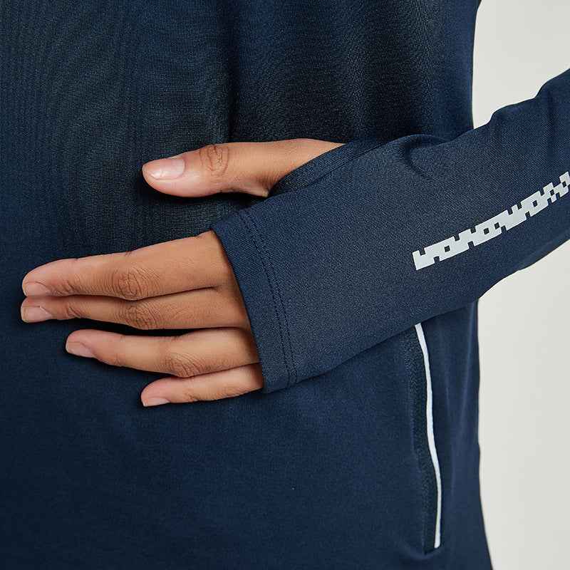 women's quick-dry training hoodie navy blue thumb hole detail