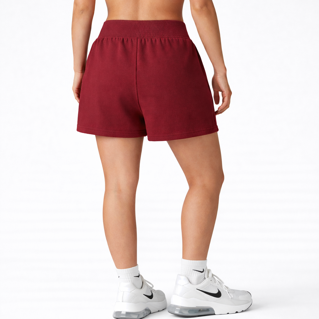 high waist sweat shorts women back view cherry red