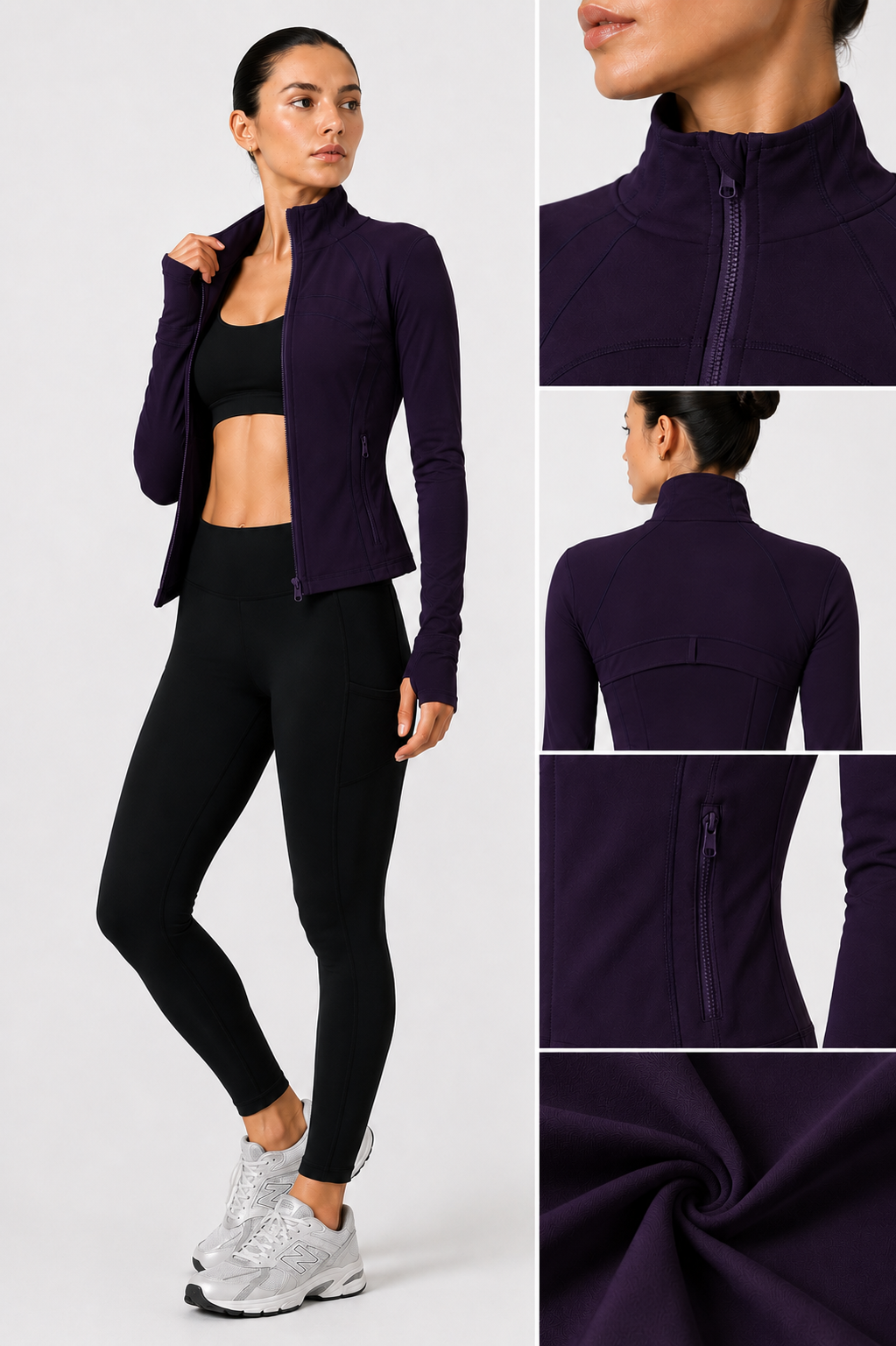 women yoga zip jacket dark purple fabric detail close up