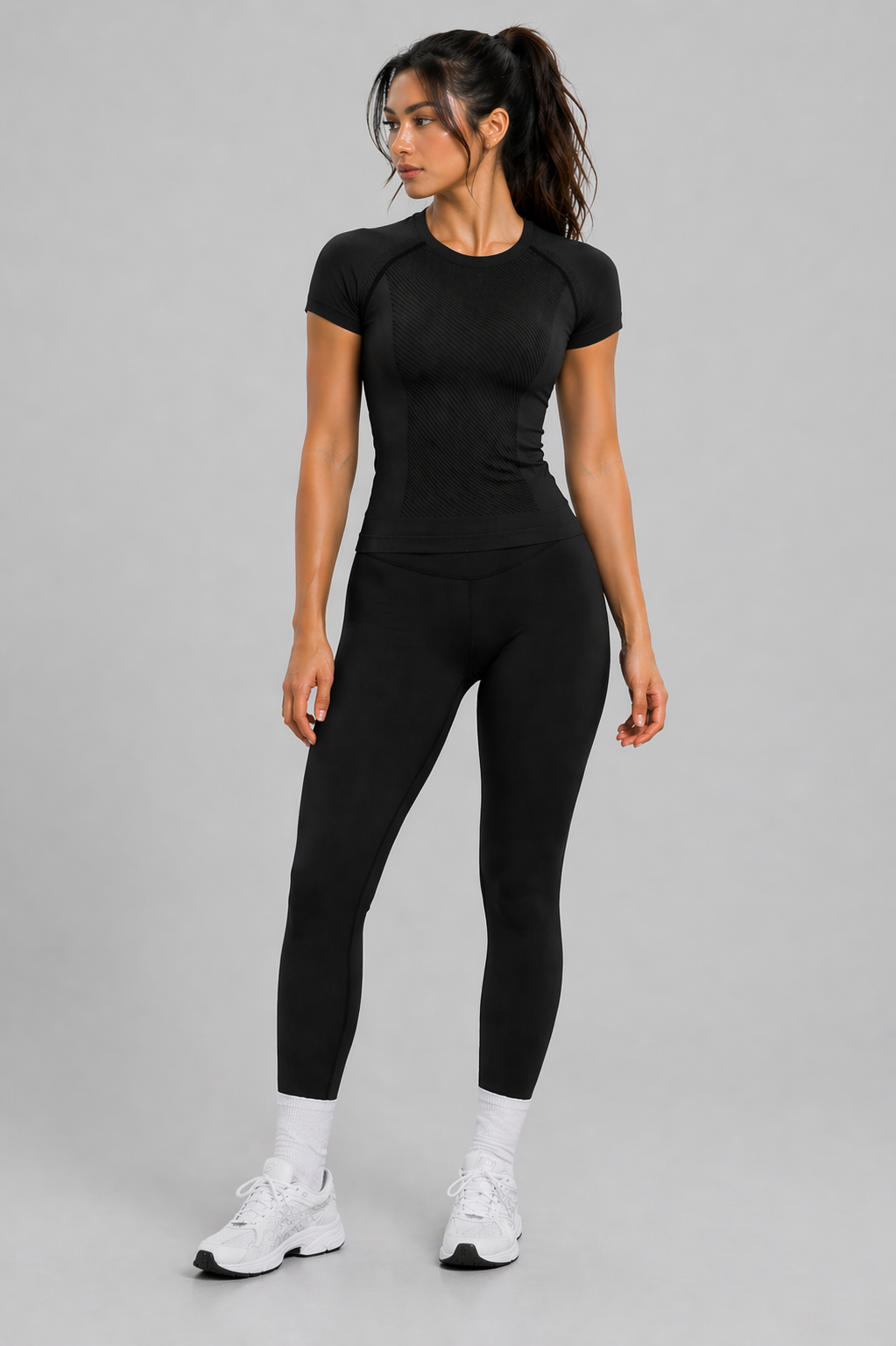 seamless gym t shirt women black full body outfit