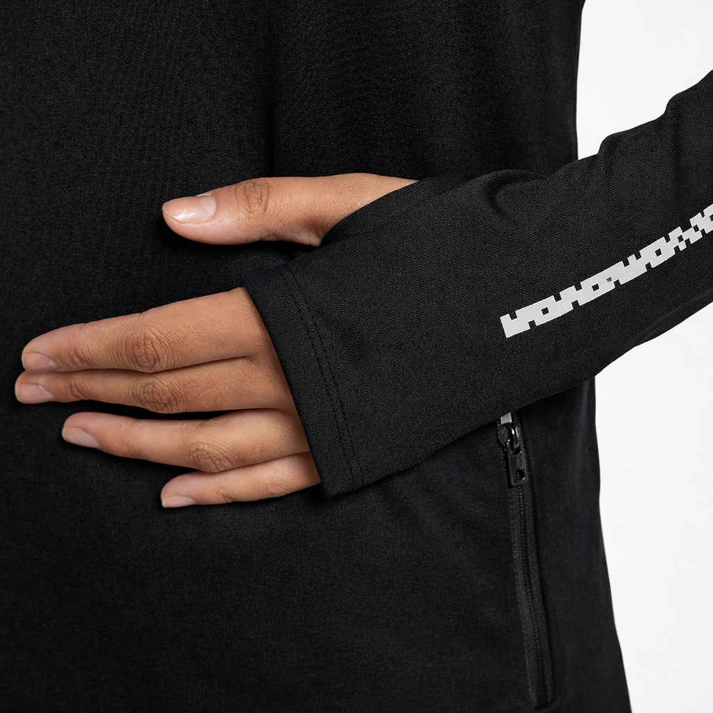 women's quick-dry training hoodie black thumb hole detail