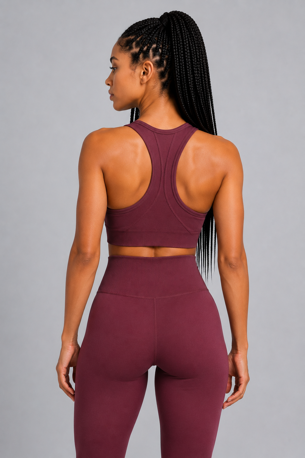 seamless racerback sports bra Wine red back view gym outfit