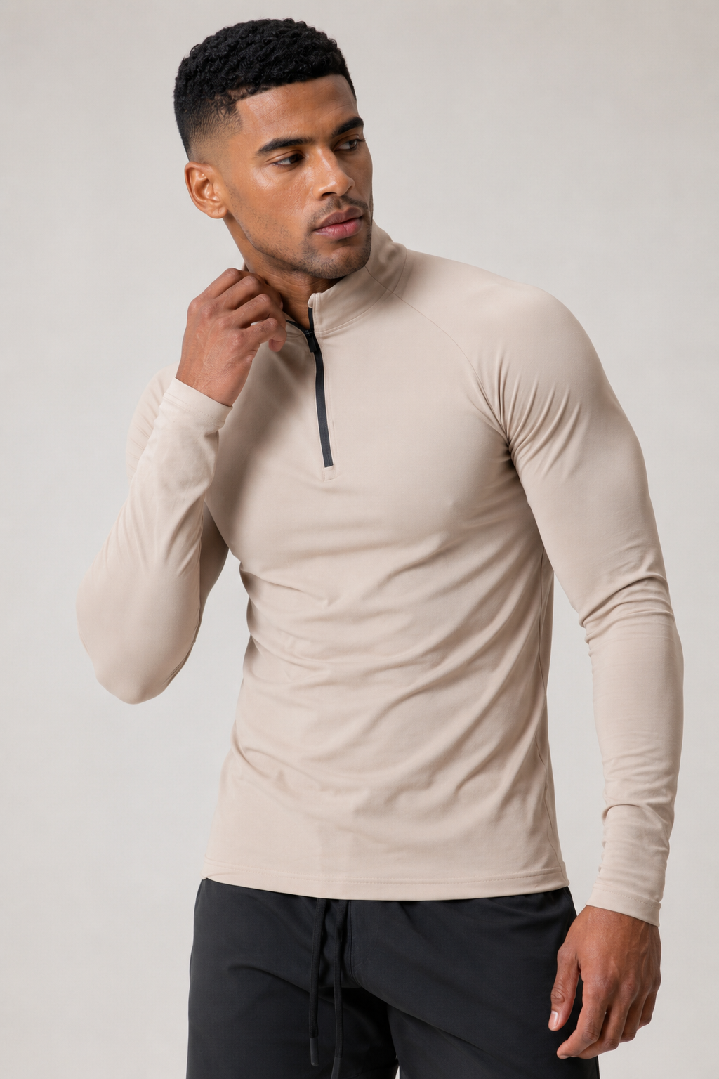 men’s long sleeve quarter zip beige front view