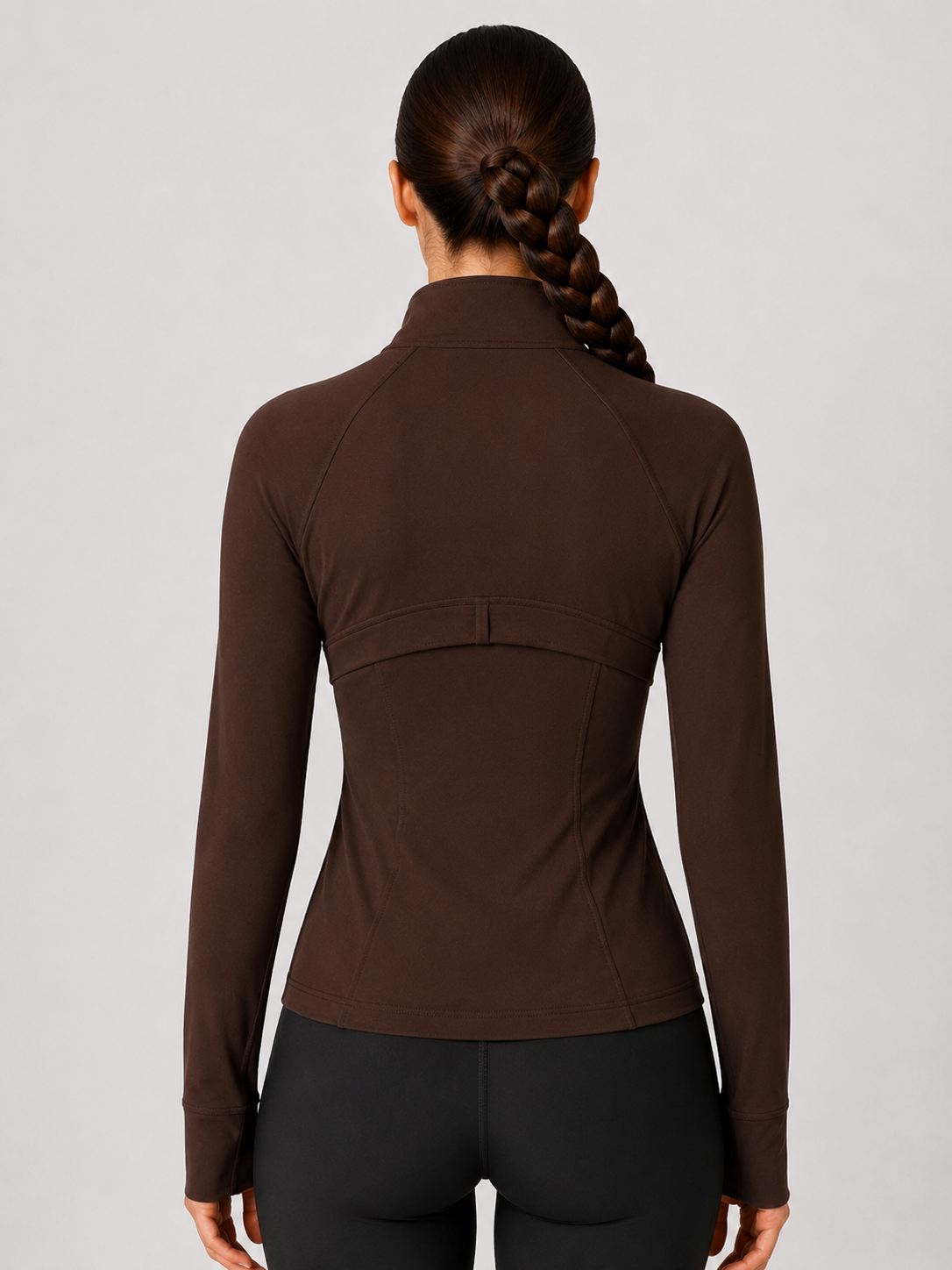 women yoga zip jacket brown back view standing