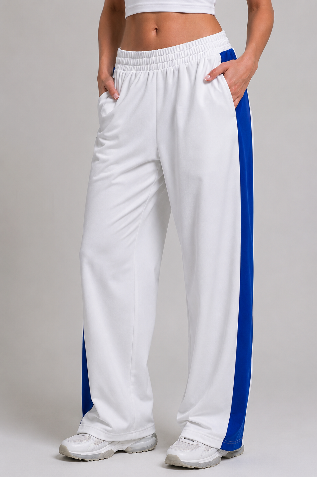 wide leg sweatpants women white stripe front view