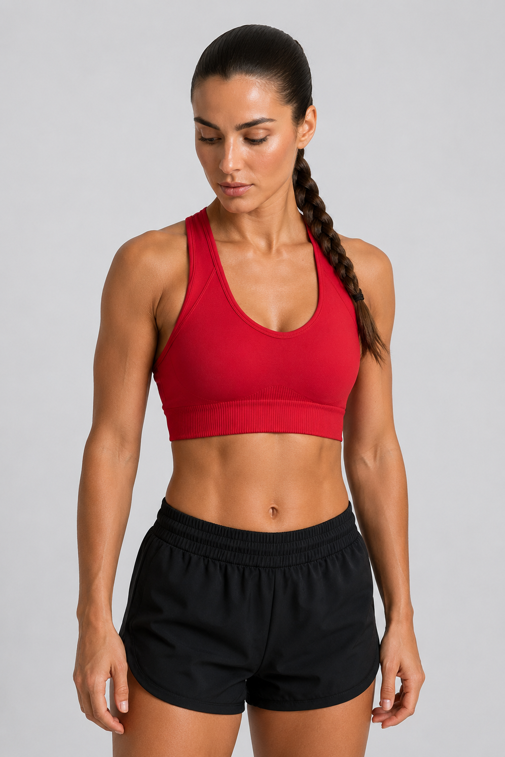 seamless racerback sports bra red standing pose