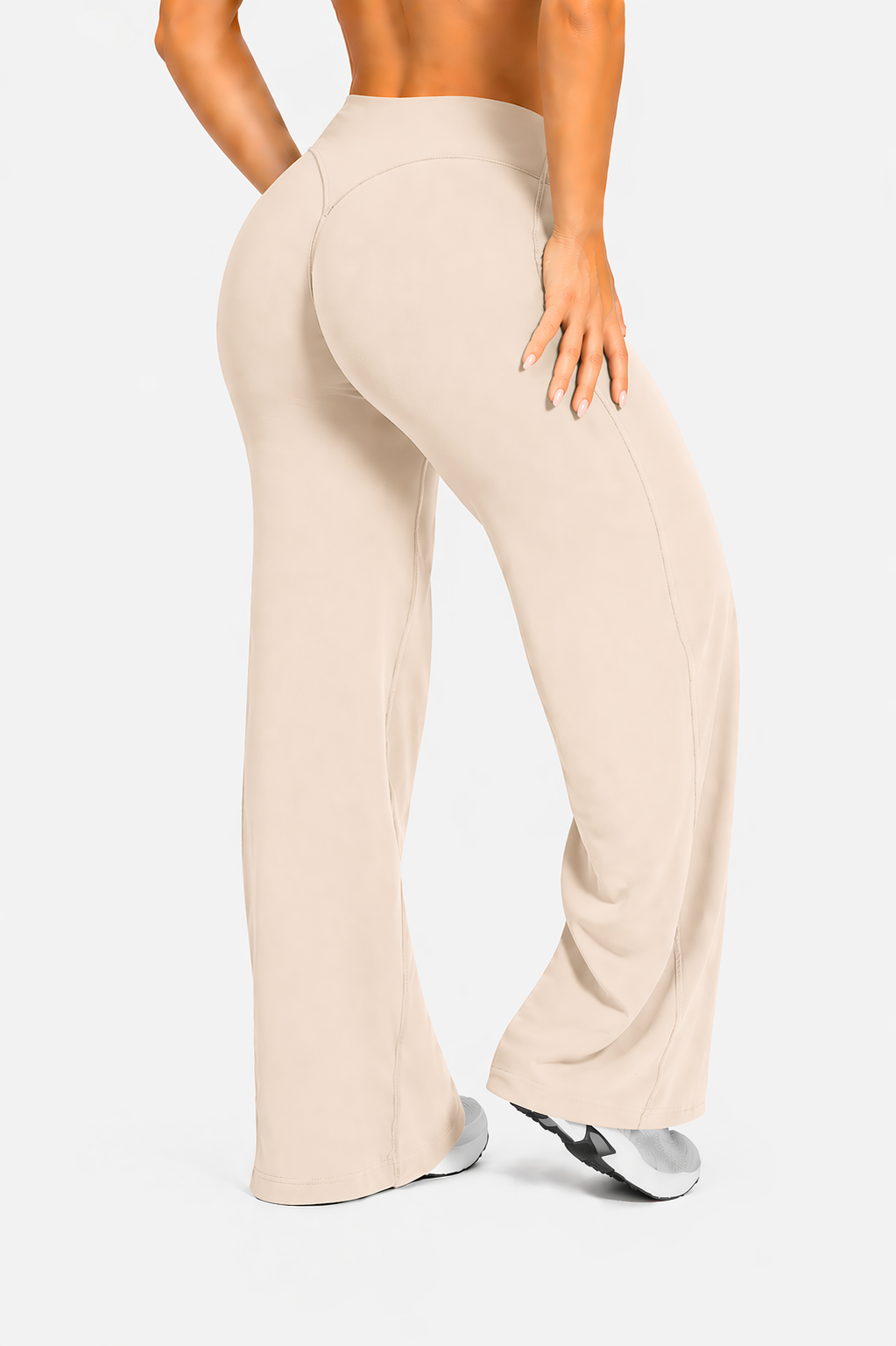 flare leggings women side view stretch beige