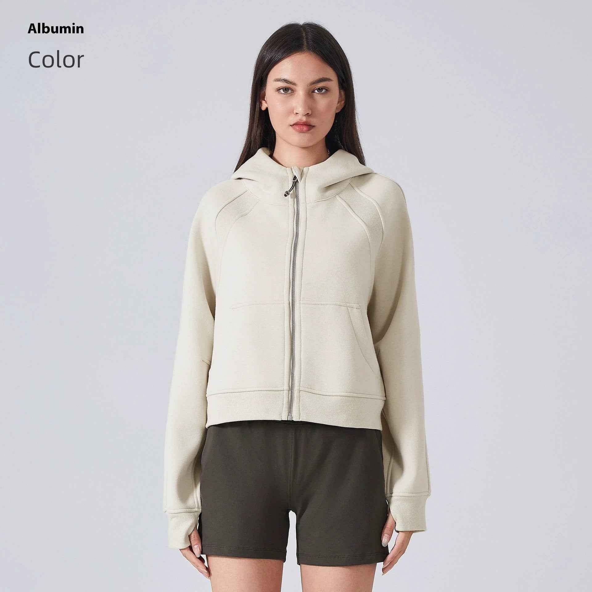 women thermal zip hoodie cream casual style