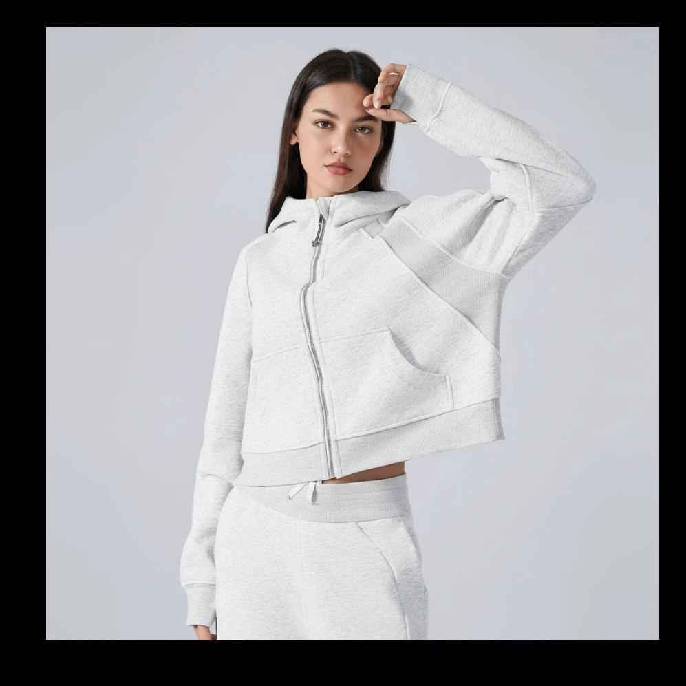 women thermal zip hoodie white casual pose