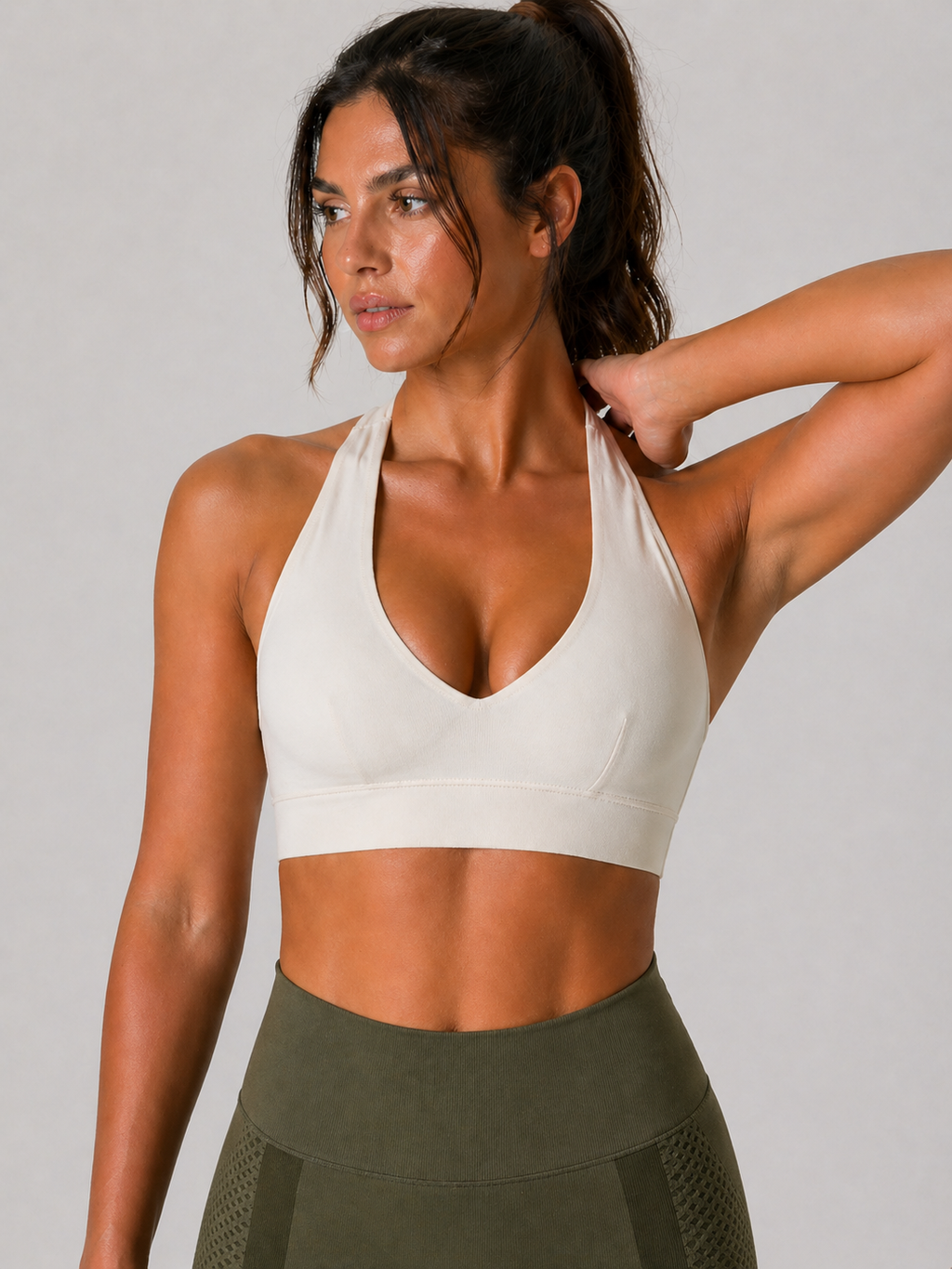 halter sports bra Beige side view